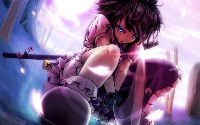 Gothic anime woman kneeling purple free wallpaper for desktop - medium preview image