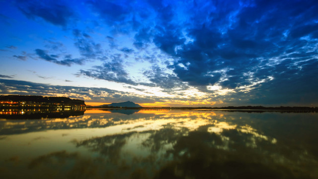Lake sunset mountain clouds bridge free wallpaper for desktop - medium preview image