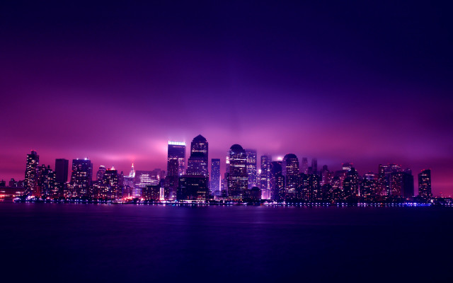 City skyline purple night water free wallpaper for desktop - medium preview image