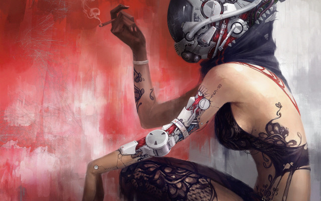 Afrofuturism cyberpunk tattooed woman smoking free wallpaper for desktop - medium preview image