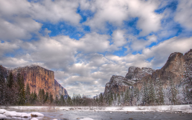 River snow mountains clouds trees free wallpaper for desktop - medium preview image