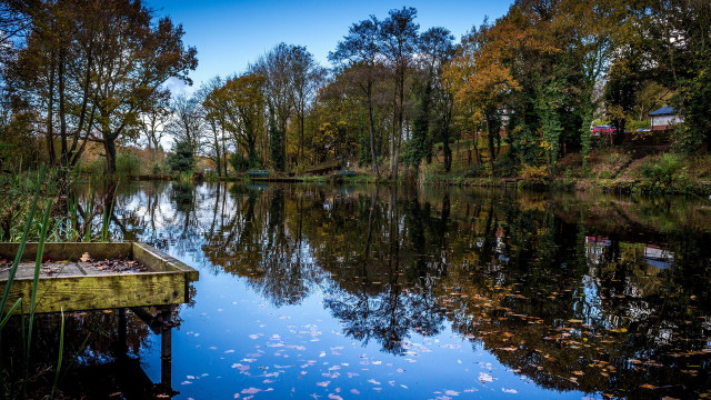 Lake boat forest house autumn free wallpaper for desktop - medium preview image