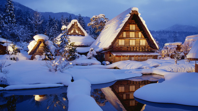 Snowy village night pond houses free wallpaper for desktop - medium preview image