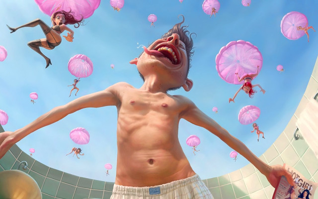 Pink umbrella man fantasy digital free wallpaper for desktop - medium preview image