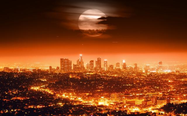 City skyline fullmoon orange sky #2 free wallpaper for desktop - medium preview image