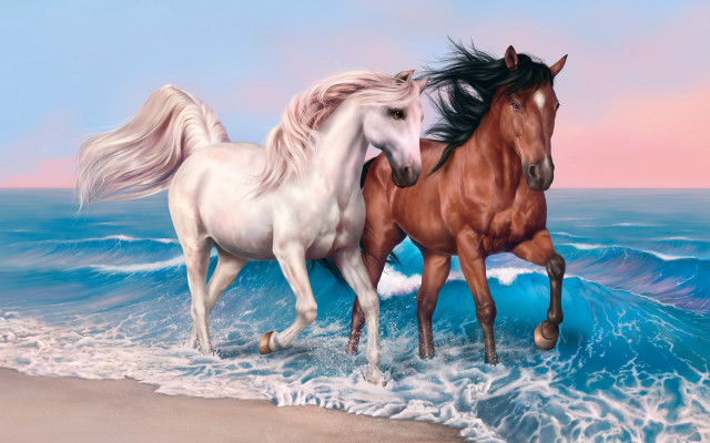 Horses beach ocean waves pink free wallpaper for desktop - medium preview image