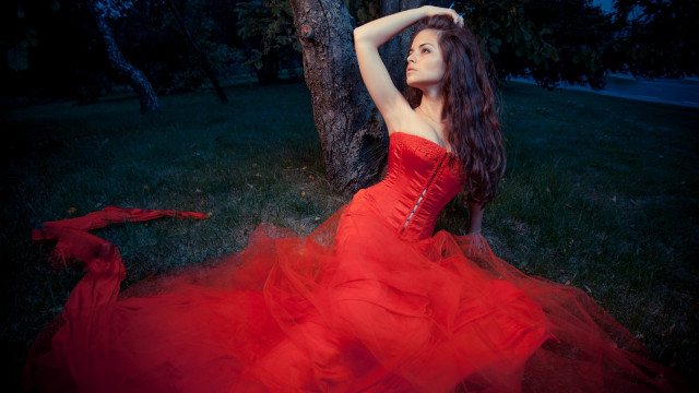 Woman red dress sitting forest free wallpaper for desktop - medium preview image