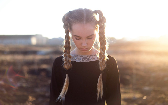 Woman longhair blackdress braid field free wallpaper for desktop - medium preview image