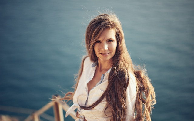 Woman longhair dock water smiling free wallpaper for desktop - medium preview image