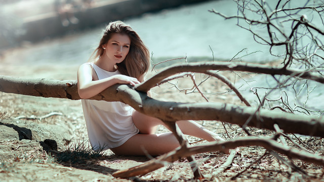 Woman fence water tree branch free wallpaper for desktop - medium preview image