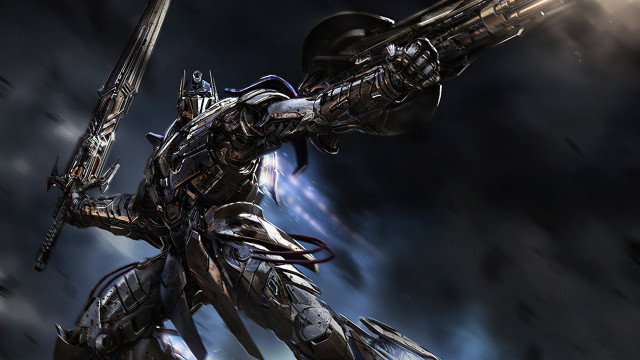 Robot armor sword clouds blackwhite free wallpaper for desktop - medium preview image