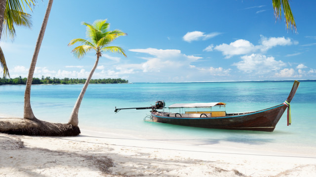 Docked boat beach palm sky free wallpaper for desktop - medium preview image