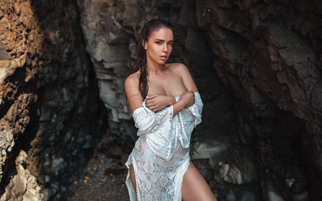 Woman cave white dress artnouveau free wallpaper for desktop - medium preview image