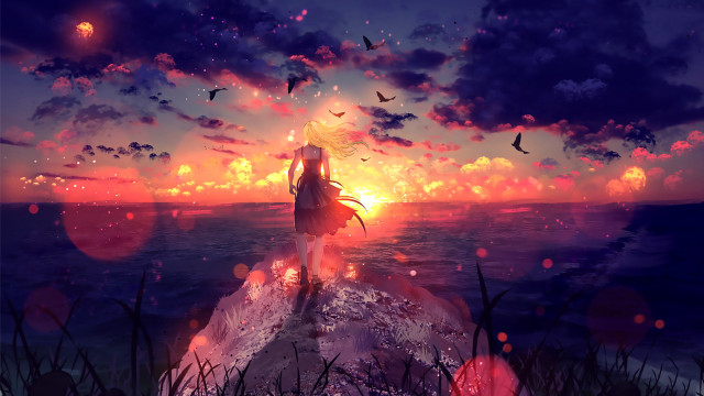 Woman ocean sunset birds neo free wallpaper for desktop - medium preview image