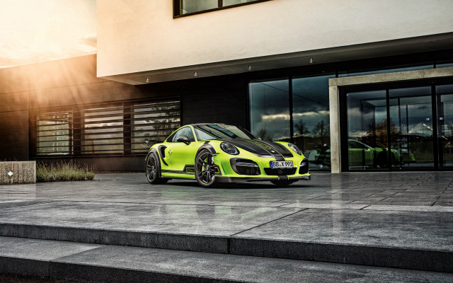 Yellow porsche gtr building sunbeam free wallpaper for desktop - medium preview image