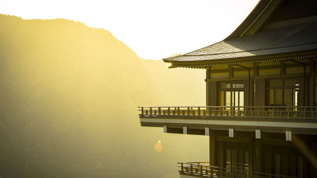Mountain sunset kyoto building balcony free wallpaper for desktop - medium preview image