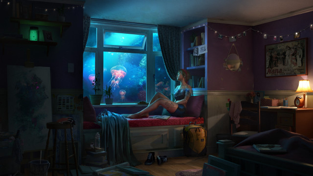 Woman bed underwater jellyfish lamp free wallpaper for desktop - medium preview image