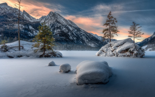 Snow mountain sunset trees rocks free wallpaper for desktop - medium preview image