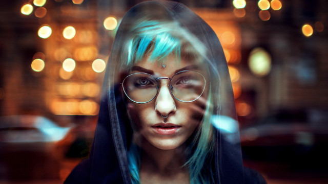Blue hair glasses cyberpunk elfsa free wallpaper for desktop - medium preview image