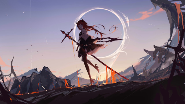 Woman sword hill circle sky free wallpaper for desktop - medium preview image