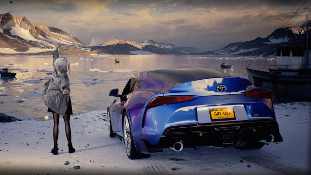 Woman car snow mountains lake free wallpaper for desktop - medium preview image