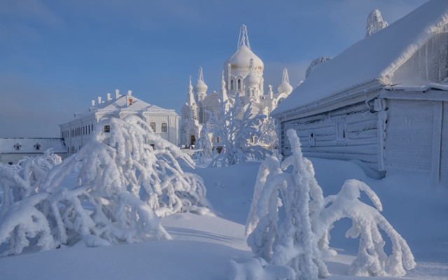 Snowy landscape church trees building free wallpaper for desktop - medium preview image