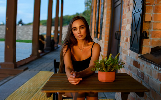 Woman portrait pottedplant brickwall city free wallpaper for desktop - medium preview image