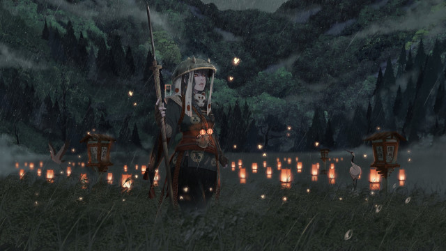 Person sword candles aurora night free wallpaper for desktop - medium preview image