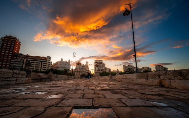 Clouds puddle cityscape bridge fire free wallpaper for desktop - medium preview image