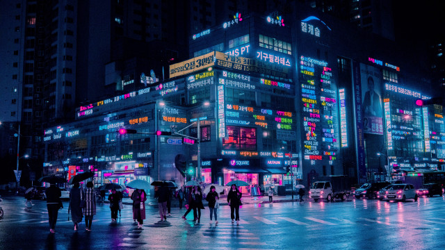 Cyberpunk city night rain reflection free wallpaper for desktop - medium preview image