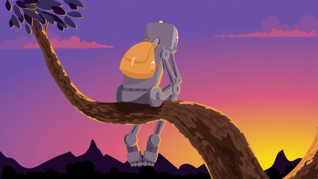 Robot tree branch helmet backpack free wallpaper for desktop - medium preview image