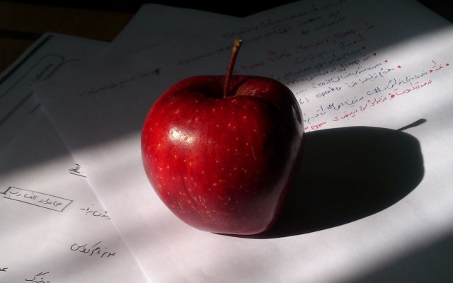 Red apple paper hand shadow free wallpaper for desktop - medium preview image