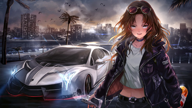 Girl leatherjacket sunglasses cityscape palm free wallpaper for desktop - medium preview image