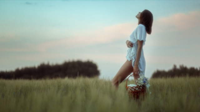 Woman field basket flowers sky #2 free wallpaper for desktop - medium preview image