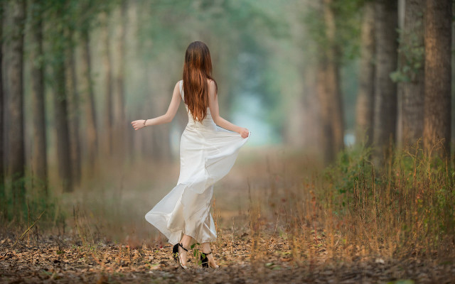 Woman white dress forest path free wallpaper for desktop - medium preview image