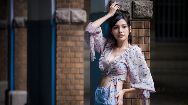 Woman brick wall blue white free wallpaper for desktop - medium preview image