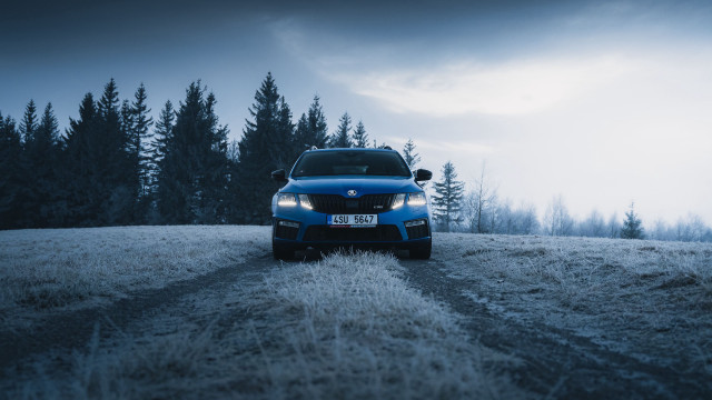 Blue car forest road cinematic free wallpaper for desktop - medium preview image