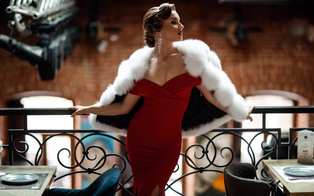 Woman red dress fur balcony free wallpaper for desktop - medium preview image