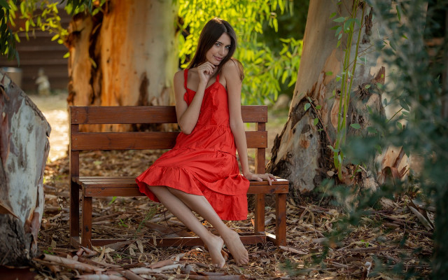 Woman red dress forest bench #2 free wallpaper for desktop - medium preview image