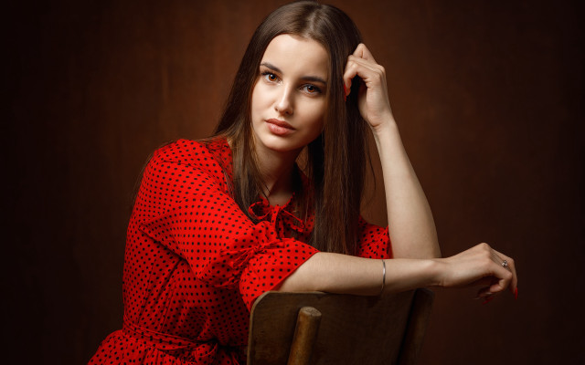 Woman red dress chair portrait free wallpaper for desktop - medium preview image