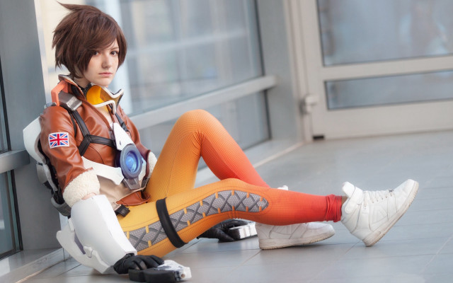 Cosplay woman crossed legs bomber free wallpaper for desktop - medium preview image