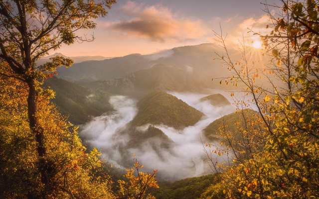 Mountain range clouds autumn leaves free wallpaper for desktop - medium preview image