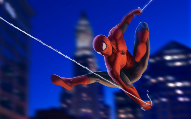 Spiderman citynight skyline hero movement free wallpaper for desktop - medium preview image