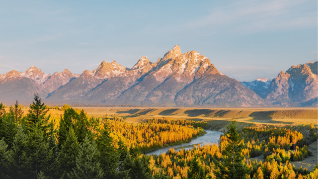 River forest mountains autumn sunset free wallpaper for desktop - medium preview image