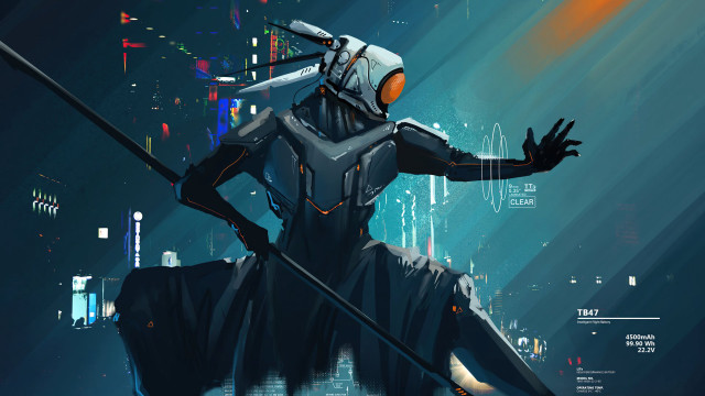 Futuristic man sword cyberpunk city free wallpaper for desktop - medium preview image