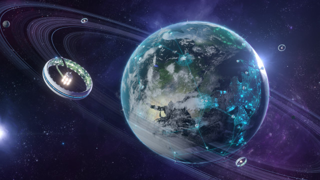 Space station satellite planet rings free wallpaper for desktop - medium preview image