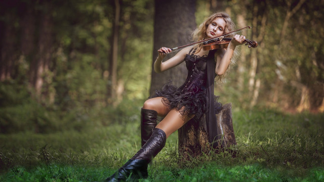 Woman blonde violin forest magic free wallpaper for desktop - medium preview image