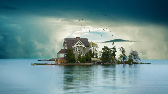 Island stormy lake birds bridge free wallpaper for desktop - medium preview image