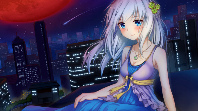 Red moon girl roof city free wallpaper for desktop - medium preview image