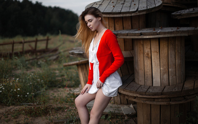 Woman red white dress wooden free wallpaper for desktop - medium preview image